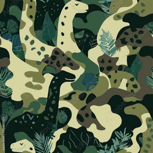 Seamless camouflage pattern with dinosaurs hidden in jungle foliage. Stylized prehistoric animals blended with abstract camo shapes in earthy green tones, ideal for textiles, prints and adventurous de