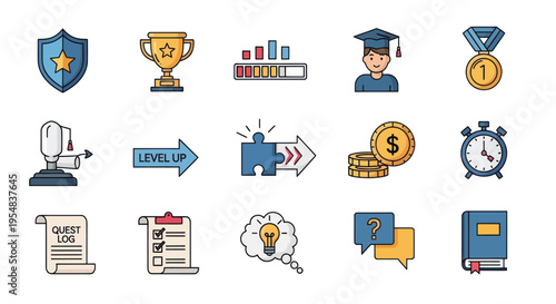 Colorful vector icons for achievement education business and gamification concepts.