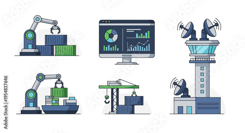 Industrial Automation and Logistics Technology Icons.