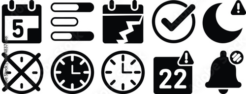 Set of 10 black and white vector icons for time management, scheduling, and notifications, featuring calendar with date 5, task list, broken calendar, checkmark, moon with alert