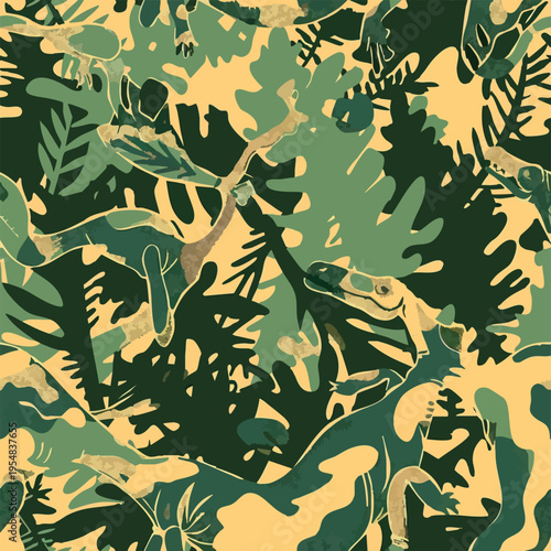 Seamless camouflage pattern with dinosaurs hidden in jungle foliage. Stylized prehistoric animals blended with abstract camo shapes in earthy green tones, ideal for textiles, prints and adventurous de