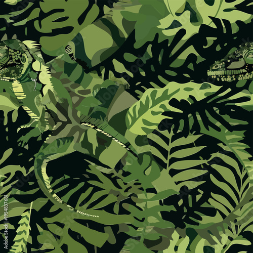 Seamless camouflage pattern with dinosaurs hidden in jungle foliage. Stylized prehistoric animals blended with abstract camo shapes in earthy green tones, ideal for textiles, prints and adventurous de
