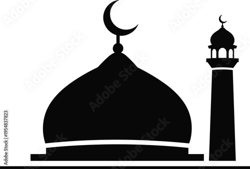 Islamic mosque dome silhouette with crescent moon and minaret tower, Ramadan Kareem, Eid Mubarak, Arabic architecture, religious symbol, faithIslamic mosque dome silhouette with crescent moon and mina