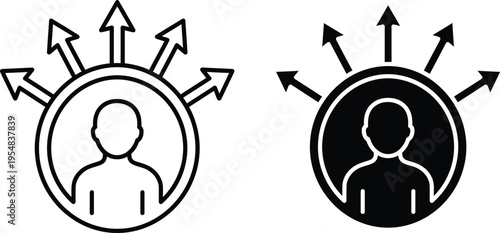 A black and white illustration of a person with arrows pointing outward