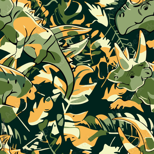 Seamless camouflage pattern with dinosaurs hidden in jungle foliage. Stylized prehistoric animals blended with abstract camo shapes in earthy green tones, ideal for textiles, prints and adventurous de
