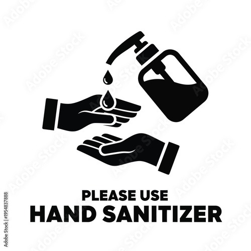 A black silhouette depicts hands receiving hand sanitizer from a pump dispenser with a text prompt
