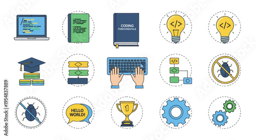 A colorful flat line icon set for programming coding and software development including laptop books and gears.