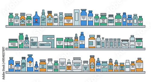 Assortment of Pharmaceutical Bottles and Containers on Shelves.