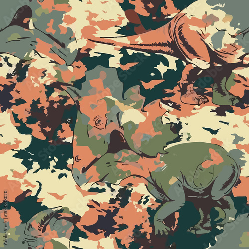 Seamless camouflage pattern with dinosaurs hidden in jungle foliage. Stylized prehistoric animals blended with abstract camo shapes in earthy green tones, ideal for textiles, prints and adventurous de