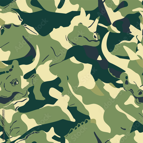 Seamless camouflage pattern with dinosaurs hidden in jungle foliage. Stylized prehistoric animals blended with abstract camo shapes in earthy green tones, ideal for textiles, prints and adventurous de