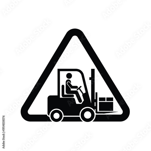 A black and white triangular warning sign depicts a forklift truck in operation alerting to potential hazards
