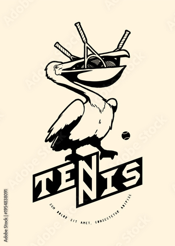 Tennis Pelican with a beak full of tennis rackets. Vintage typography tennis t-shirt print vector illustration