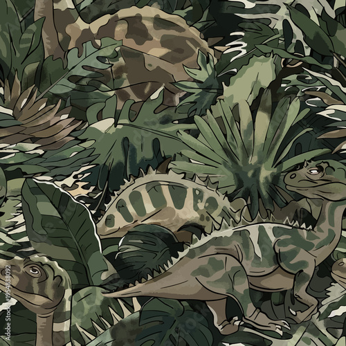Seamless camouflage pattern with dinosaurs hidden in jungle foliage. Stylized prehistoric animals blended with abstract camo shapes in earthy green tones, ideal for textiles, prints and adventurous de