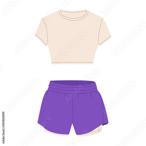 Women's fitness apparel set with beige crop top and purple sports shorts, flat vector illustration