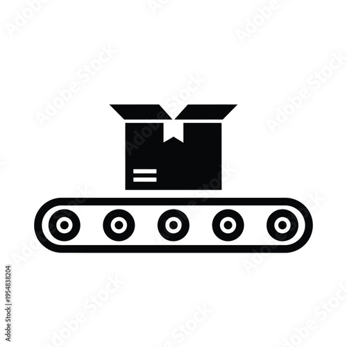 A simple black icon depicts an open cardboard box moving along a conveyor belt system high quality