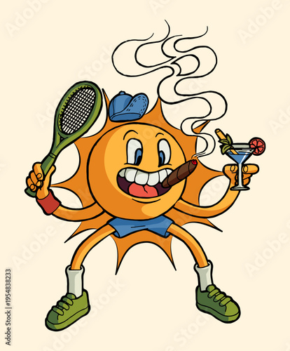 Tennis sun character smoking cigar and drinking martini cocktail isolated.