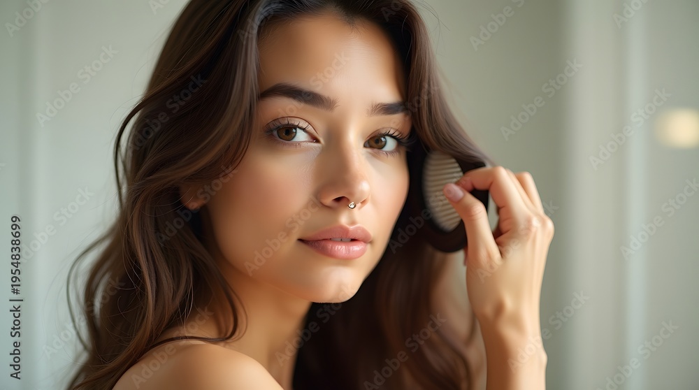 Fototapeta premium Young Woman Brushing Her Hair While Looking at the Camera in a Bright Interior Space