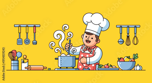 Chef cooking in kitchen stirring pot with vegetables flat illustration yellow background