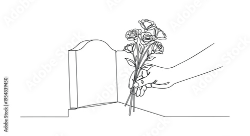 Vector illustration of hand holding flowers at gravestone