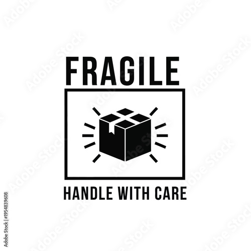 A black and white fragile shipping label depicting a box with radiating lines requesting careful handling high quality professional