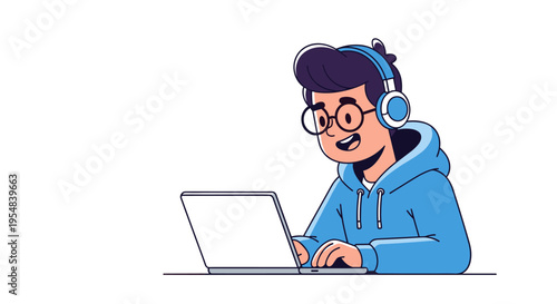 Young man using laptop with headphones online work study flat illustration