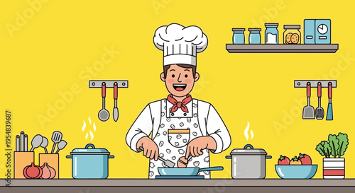 Chef preparing meal in kitchen cooking food professional flat illustration yellow background