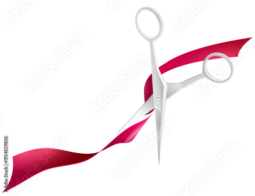 赤いリボンをシルバーのハサミでカットする瞬間を表現したセレモニーイメージ、開店や افتتاحイベントに使える象徴的なビジネス素材