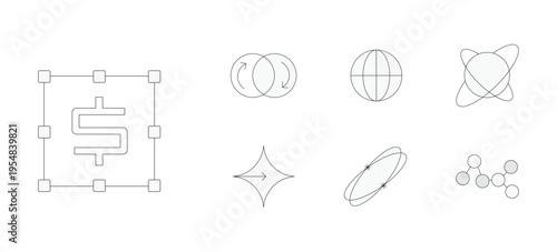 Abstract geometric line icons set featuring AI fintech globe atom and molecule. Stroke minimal Y2K symbols outline style. Web design app interfaces presentations branding infographics dashboards