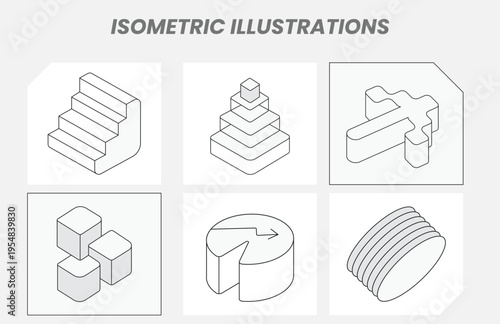 Isometric abstract shapes set. Geometric line art icons, minimal Y2K interface, UI forms, modern poster collection for packaging, and tech projects assets. Web3 blockchain tech app fintech. Deck icon