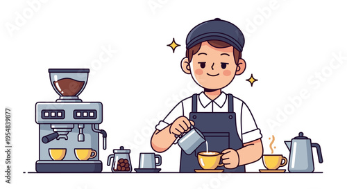 Barista making coffee with espresso machine cafe worker flat illustration