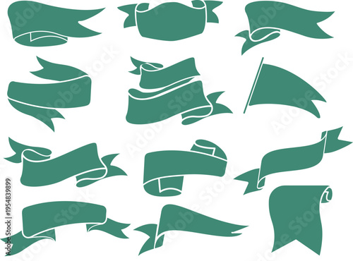 シンプルで使いやすい多彩な形状のリボンシルエットセット素材、見出しや装飾デザインに最適なフラットベクターイラスト集
