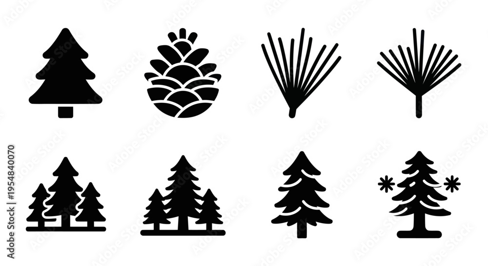 Obraz premium Pine Tree Icons: Pinecone, Needles, Forest Silhouette, Winter Snowflakes
