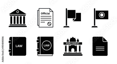 Government and Law Icons: Courthouse, Law Books, Parliament, Official Document, Flags