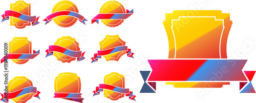 鮮やかなグラデーションのバッジとリボンを組み合わせた販促やラベルに使いやすい装飾アイコンセット