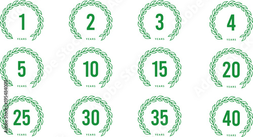 1年から40年までの節目を表現できる月桂樹フレーム付きアニバーサリー年数アイコンセット