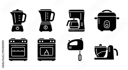 Set of kitchen appliance icons: blender, mixer, coffee maker, rice cooker, stove, oven