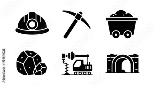 Mining Icons: Hard Hat, Pickaxe, Cart, Ore, Drill, Tunnel Entrance