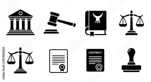 Justice and Law Icons: Gavel, Scales, Contract, Courthouse, Stamp, Book