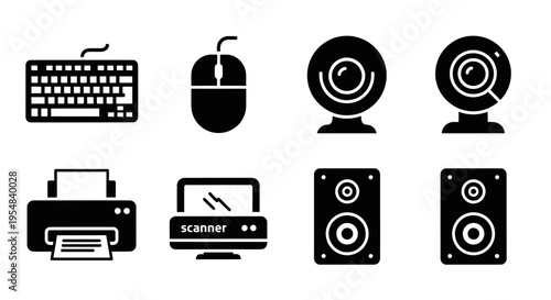 Computer Peripherals Icon Set: Keyboard, Mouse, Webcam, Printer, Scanner, Speakers
