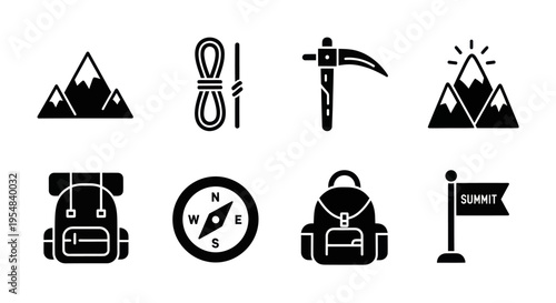 Mountain Climbing Icons: Backpack, Compass, Rope, Ice Axe, Flag, Peaks