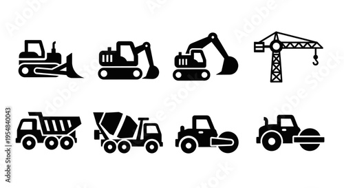 Construction Equipment Icons: Bulldozer, Excavator, Crane, Truck, Mixer, Roller