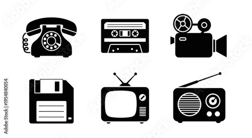 Retro Technology Icons: Vintage phone, cassette, video camera, floppy disk, TV, radio