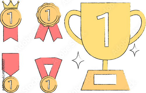優勝や達成を象徴するトロフィーとメダルを手描き風タッチで表現した親しみやすい表彰アイコン素材集