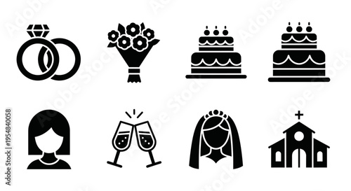 Wedding Icons Collection: Rings, Bouquet, Cake, Bride, Toast, Church
