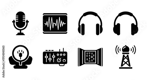 Audio Equipment Icons: Microphone, Sound Wave, Headphones, Mixer, Radio Tower