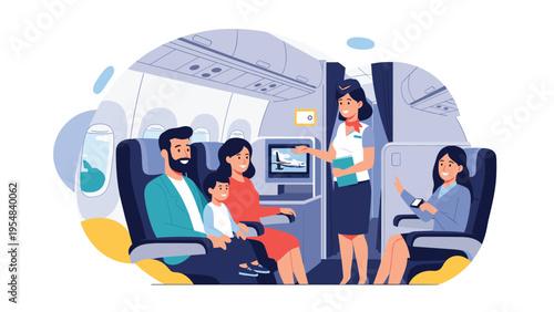 Professional flight attendant assisting a family and individual passengers inside a commercial airplane cabin during a flight.