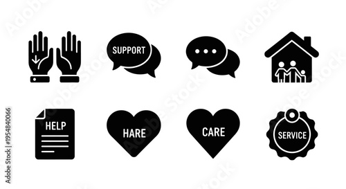 Set of icons for help, support, care, and service. Vector icons for community and assistance.