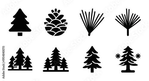 Pine Tree Icons: Pinecone, Needles, Forest Silhouette, Winter Snowflakes