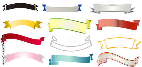 多彩なカラーと質感バリエーションが揃った装飾用リボンバナーのコレクション素材セット（見出しやラベルに最適）