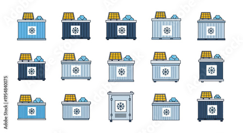 A collection of illustrated blue and yellow industrial science-fiction machines or reactors.